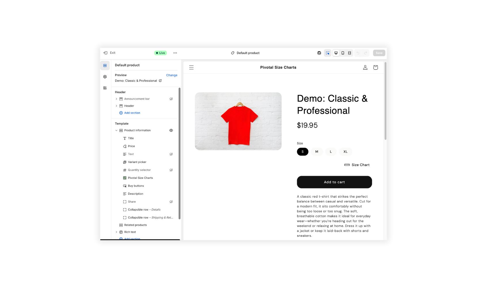 The default product template in Shopify with the Pivotal Size Charts app block added