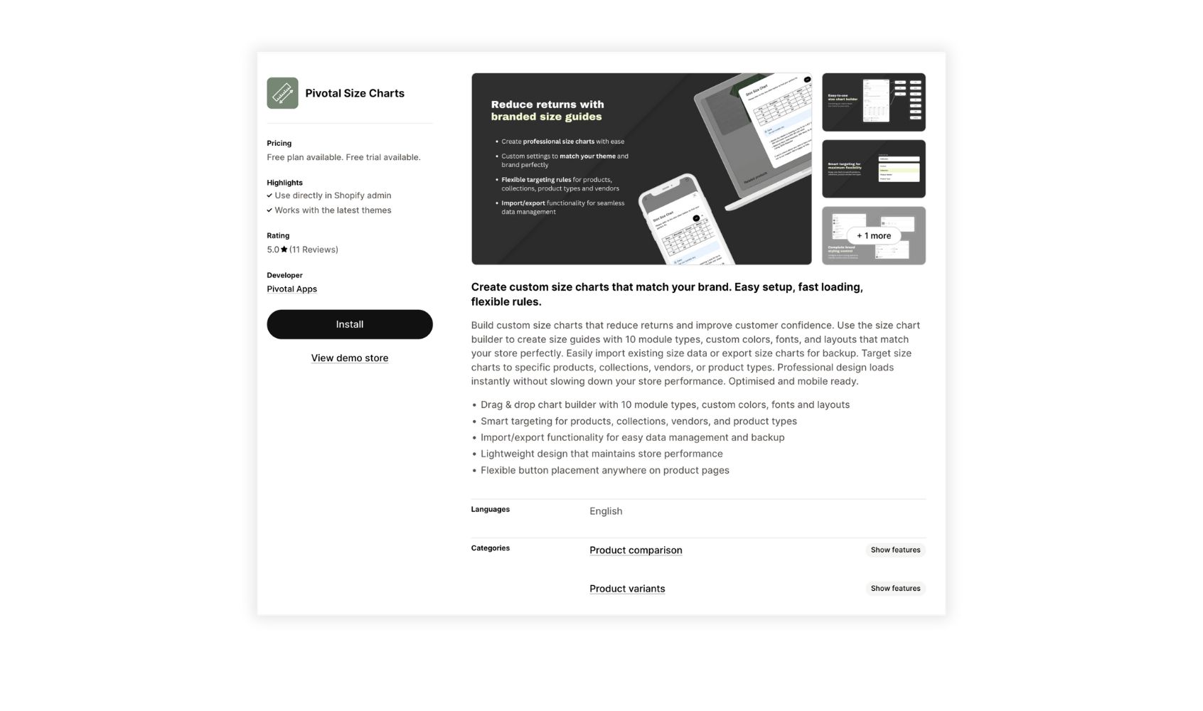 Shopify app store Pivotal Size Charts app listing page