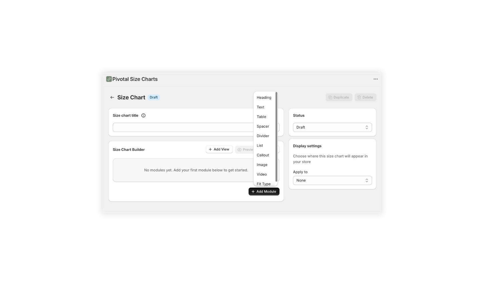Pivotal Size Charts create a new size chart screen with Add module button active
