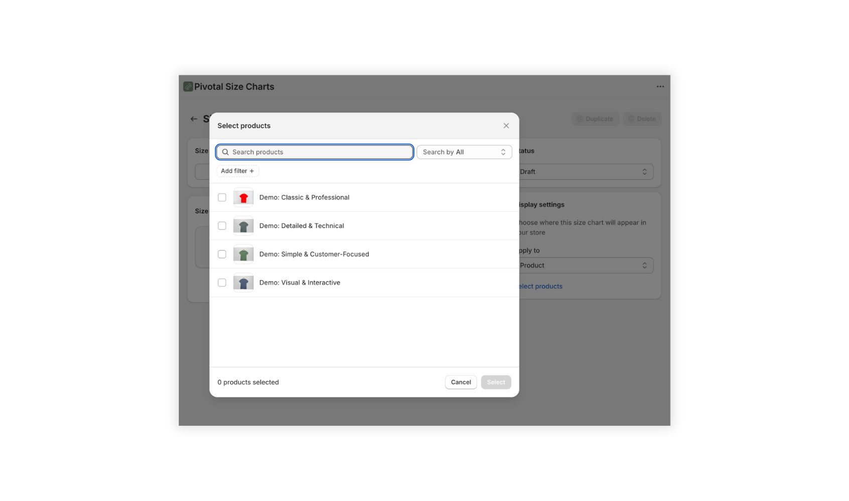 Pivotal Size Charts display settings modal showing product assignment options