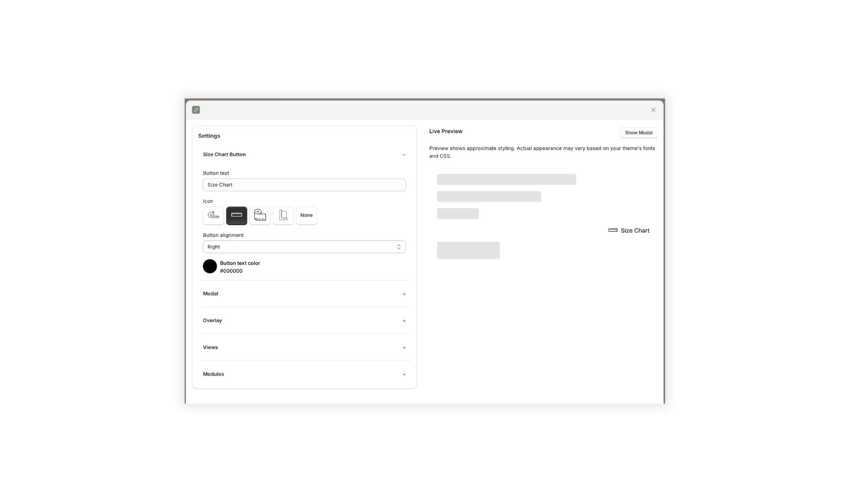 Pivotal Size Charts settings showing the button settings